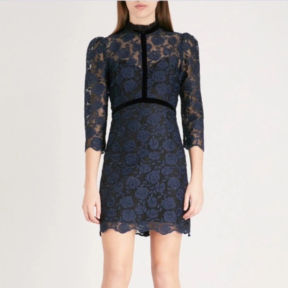 SANDRO Navy Blue Floral Lace Embroidered Puff Sleeve Velvet Mini Dress size xs